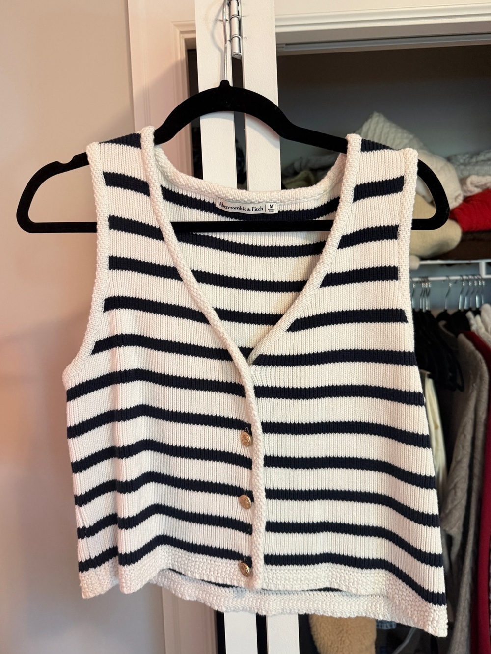 Abercrombie & Fitch White and Navy Striped Knit Button-Front Sweater Vest